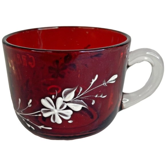 Antique Ruby Red Flash White Clear Grandma 1897 Mug Cup Hand Painted Flowers - Picture 3 of 9